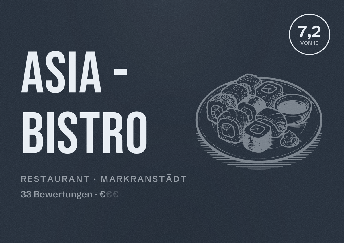 Illustriertes Poster von Asia - Bistro, Restaurant in Markranstädt: Bewertung 7,2 von 10 aus 33 Bewertungen, Preisniveau €
