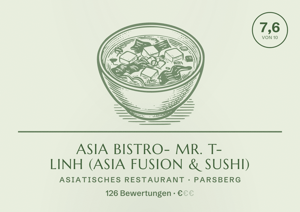 Illustriertes Poster von Asia Bistro- Mr. T- Linh (Asia Fusion & Sushi), Asiatisches Restaurant in Parsberg: Bewertung 7,6 von 10 aus 126 Bewertungen, Preisniveau €