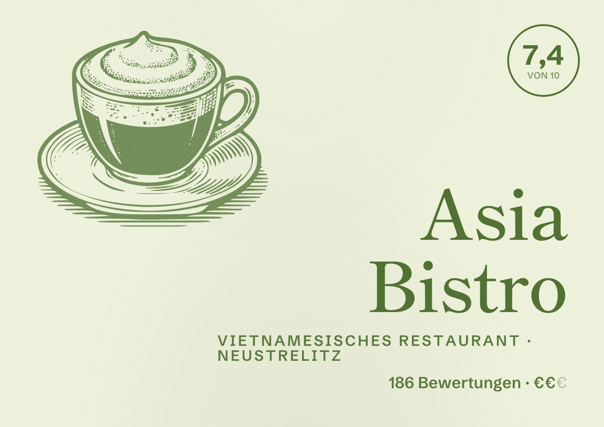 Illustriertes Poster von Asia Bistro, Vietnamesisches Restaurant in Neustrelitz: Bewertung 7,4 von 10 aus 186 Bewertungen, Preisniveau €€