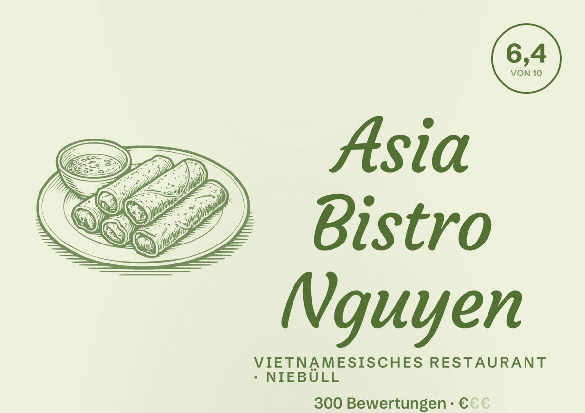 Illustriertes Poster von Asia Bistro Nguyen, Vietnamesisches Restaurant in Niebüll: Bewertung 6,4 von 10 aus 300 Bewertungen, Preisniveau €