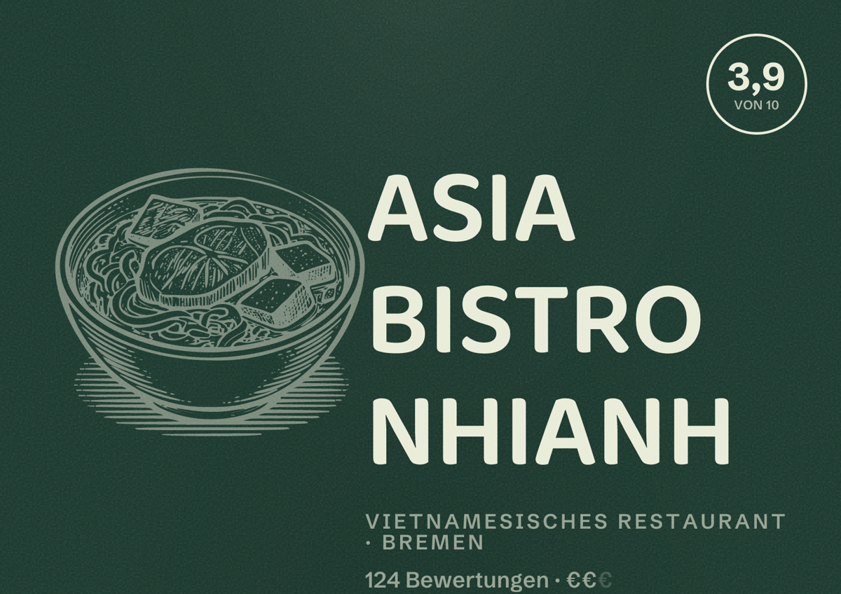 Illustriertes Poster von ASIA BISTRO NHIANH, Vietnamesisches Restaurant in Bremen: Bewertung 3,9 von 10 aus 124 Bewertungen, Preisniveau €€