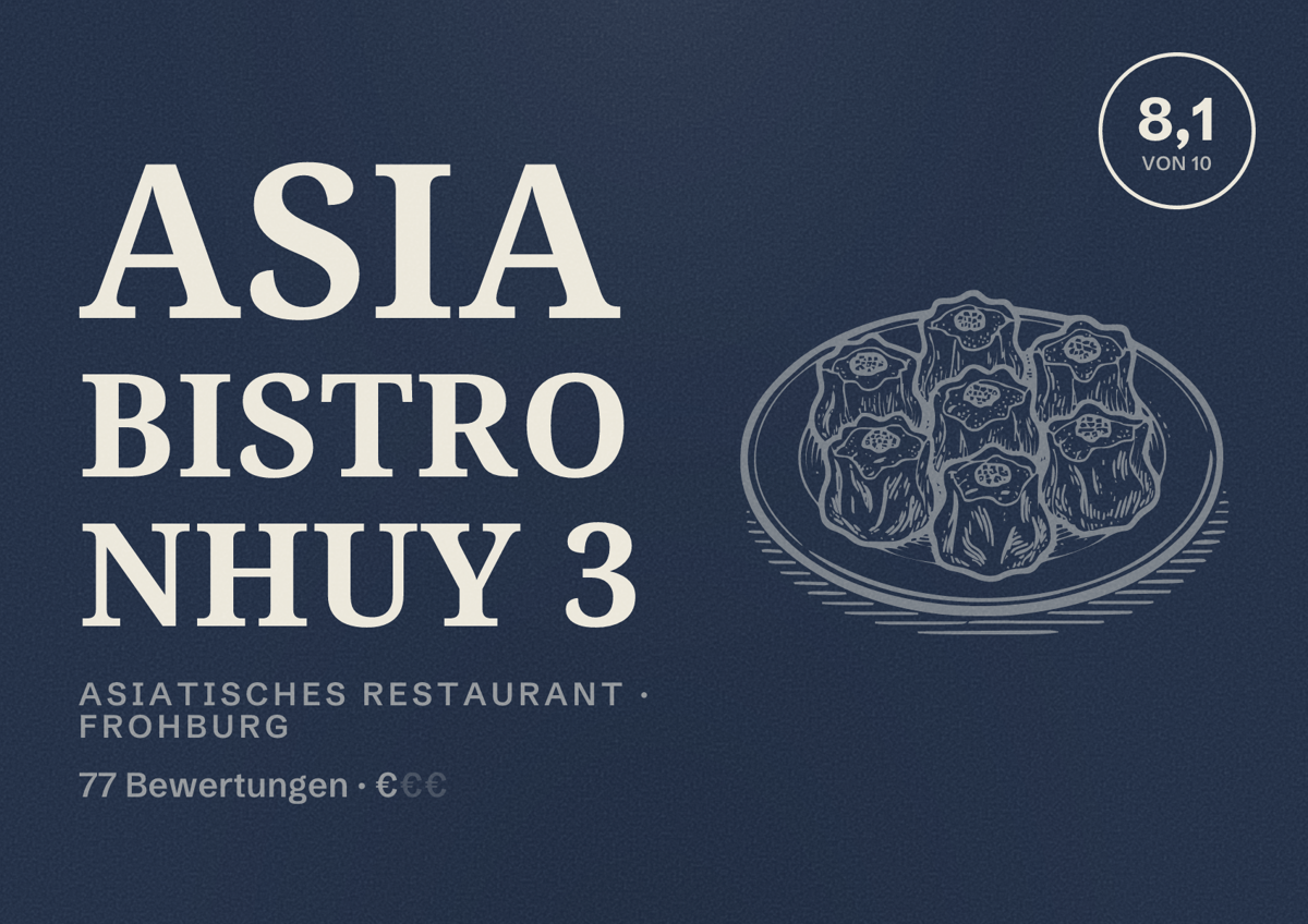 Illustriertes Poster von Asia Bistro Nhuy 3, Asiatisches Restaurant in Frohburg: Bewertung 8,1 von 10 aus 77 Bewertungen, Preisniveau €