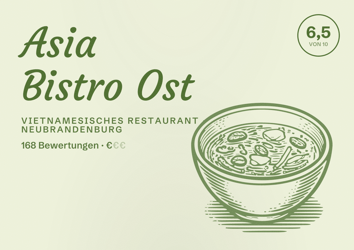 Illustriertes Poster von Asia Bistro Ost, Vietnamesisches Restaurant in Neubrandenburg: Bewertung 6,5 von 10 aus 168 Bewertungen, Preisniveau €