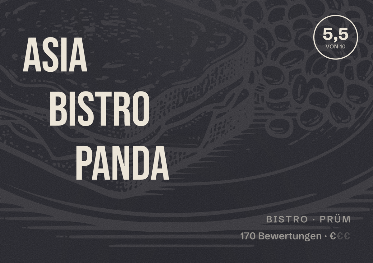 Illustriertes Poster von Asia Bistro Panda, Bistro in Prüm: Bewertung 5,5 von 10 aus 170 Bewertungen, Preisniveau €