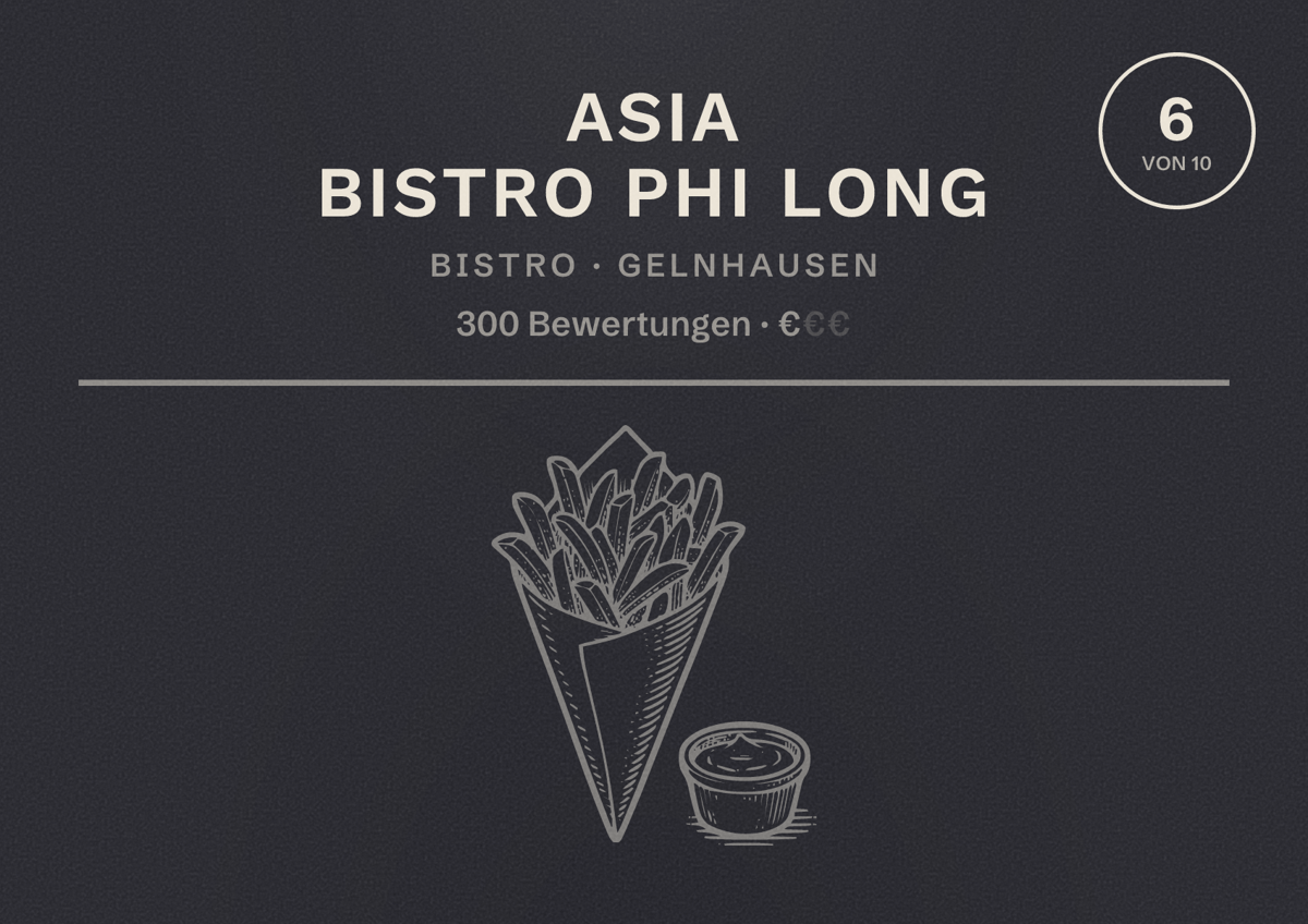 Illustriertes Poster von Asia Bistro Phi Long, Bistro in Gelnhausen: Bewertung 6 von 10 aus 300 Bewertungen, Preisniveau €