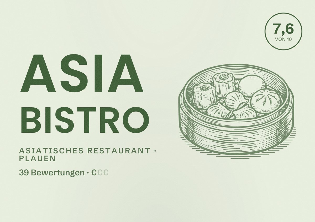 Illustriertes Poster von Asia Bistro, Asiatisches Restaurant in Plauen: Bewertung 7,6 von 10 aus 39 Bewertungen, Preisniveau €