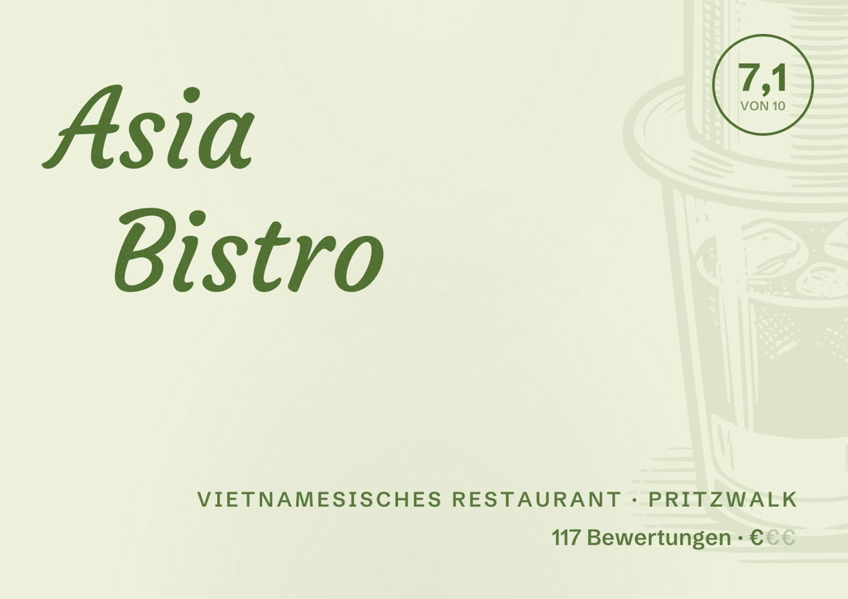 Illustriertes Poster von Asia Bistro, Vietnamesisches Restaurant in Pritzwalk: Bewertung 7,1 von 10 aus 117 Bewertungen, Preisniveau €