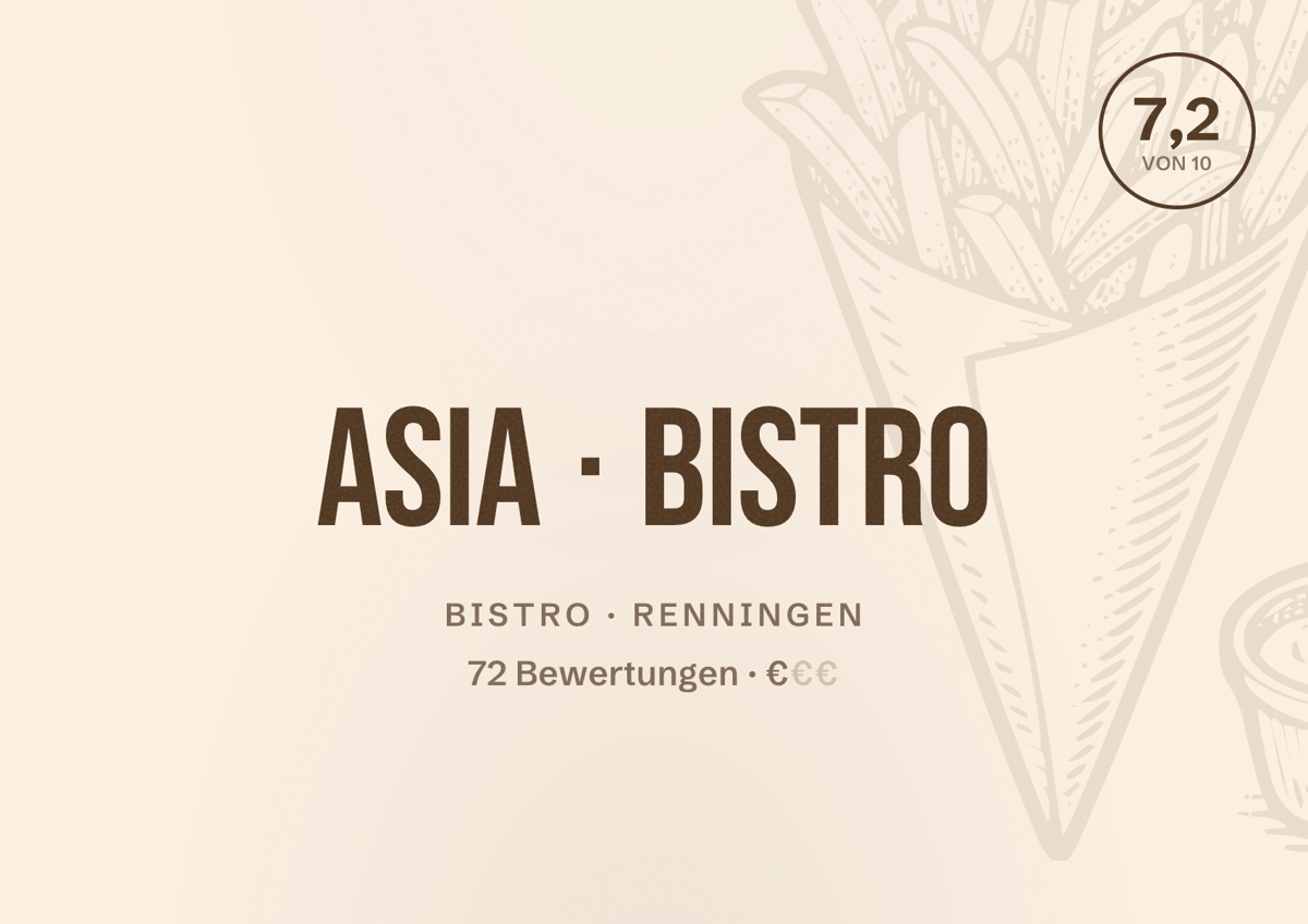 Illustriertes Poster von Asia Bistro, Bistro in Renningen: Bewertung 7,2 von 10 aus 72 Bewertungen, Preisniveau €