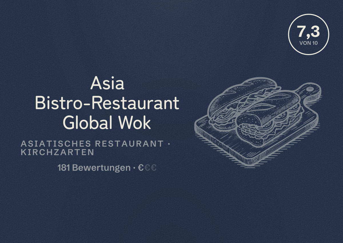 Illustriertes Poster von Asia Bistro-Restaurant Global Wok, Asiatisches Restaurant in Kirchzarten: Bewertung 7,3 von 10 aus 181 Bewertungen, Preisniveau €