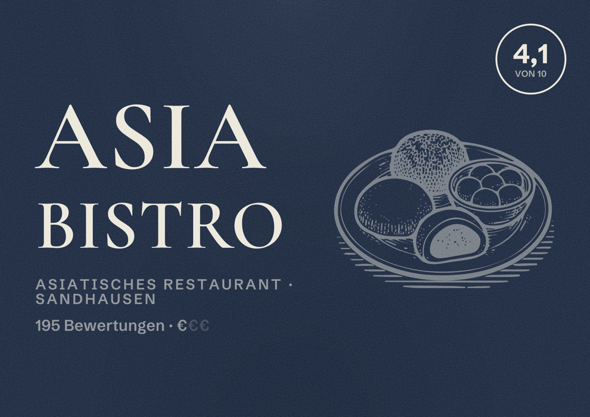 Illustriertes Poster von Asia Bistro, Asiatisches Restaurant in Sandhausen: Bewertung 4,1 von 10 aus 195 Bewertungen, Preisniveau €