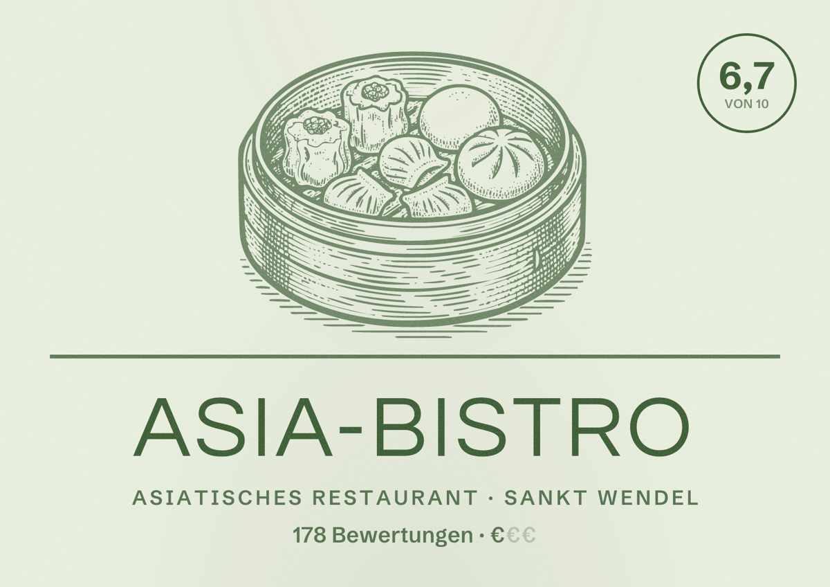 Illustriertes Poster von Asia-Bistro, Asiatisches Restaurant in Sankt Wendel: Bewertung 6,7 von 10 aus 178 Bewertungen, Preisniveau €