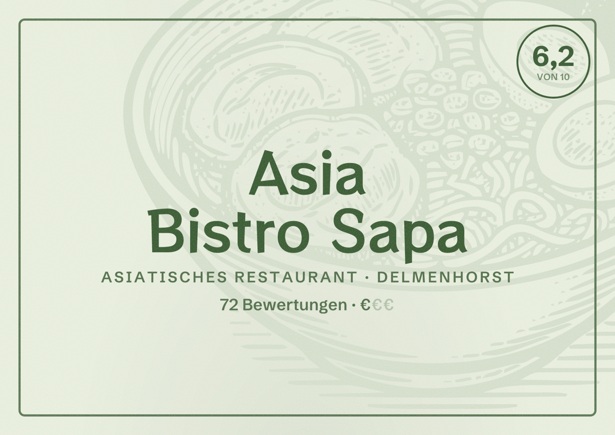 Illustriertes Poster von Asia Bistro Sapa, Asiatisches Restaurant in Delmenhorst: Bewertung 6,2 von 10 aus 72 Bewertungen, Preisniveau €