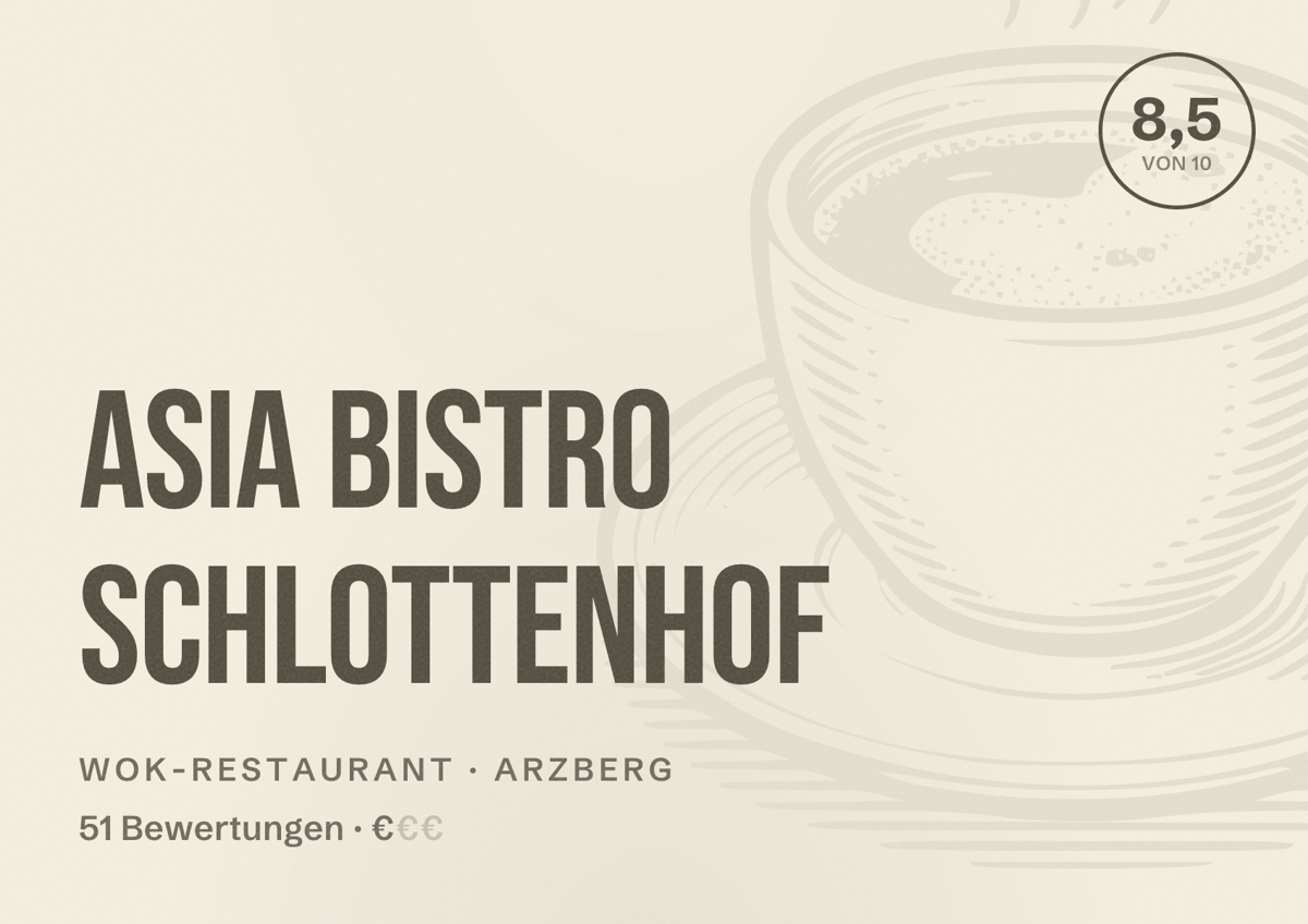 Illustriertes Poster von ASIA BISTRO SCHLOTTENHOF, Wok-Restaurant in Arzberg: Bewertung 8,5 von 10 aus 51 Bewertungen, Preisniveau €