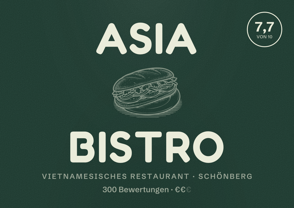 Illustriertes Poster von Asia Bistro, Vietnamesisches Restaurant in Schönberg: Bewertung 7,7 von 10 aus 300 Bewertungen, Preisniveau €€