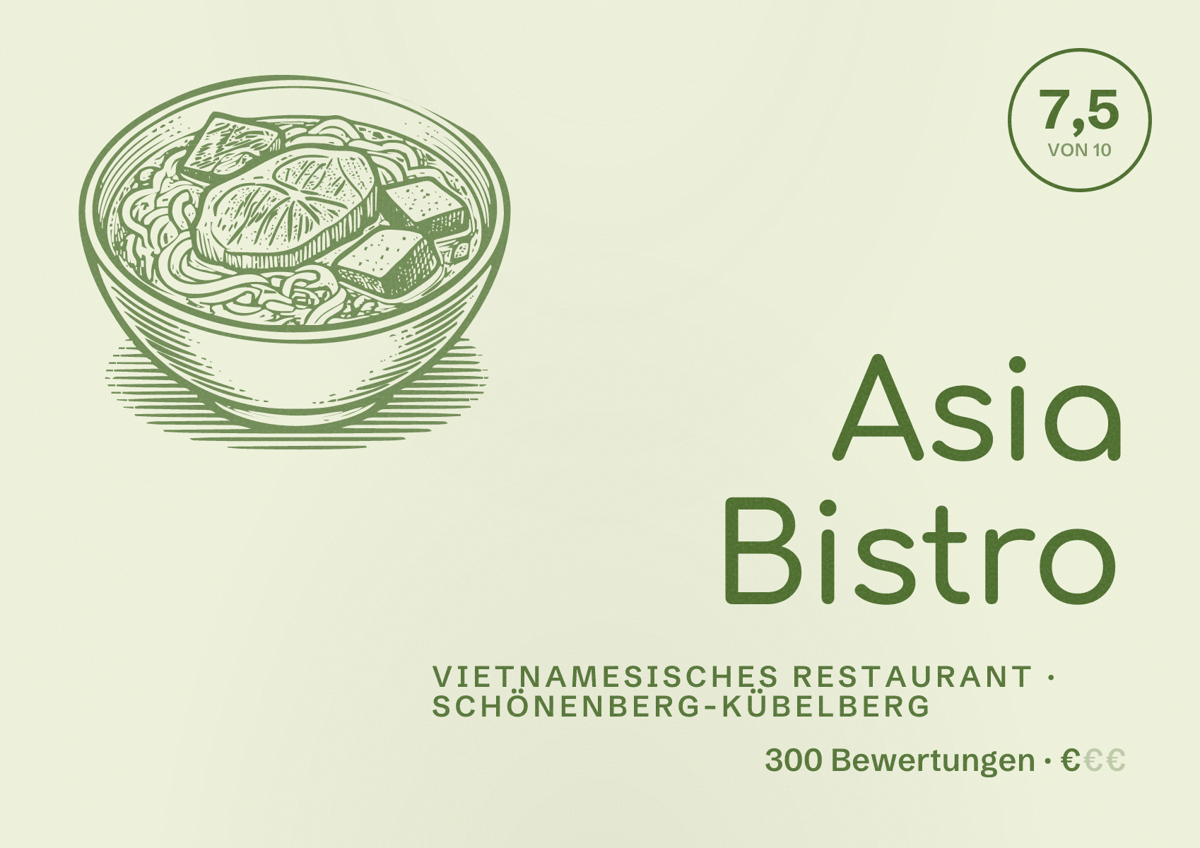 Illustriertes Poster von Asia Bistro, Vietnamesisches Restaurant in Schönenberg-Kübelberg: Bewertung 7,5 von 10 aus 300 Bewertungen, Preisniveau €