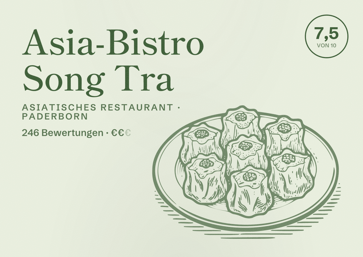 Illustriertes Poster von Asia-Bistro Song Tra, Asiatisches Restaurant in Paderborn: Bewertung 7,5 von 10 aus 246 Bewertungen, Preisniveau €€