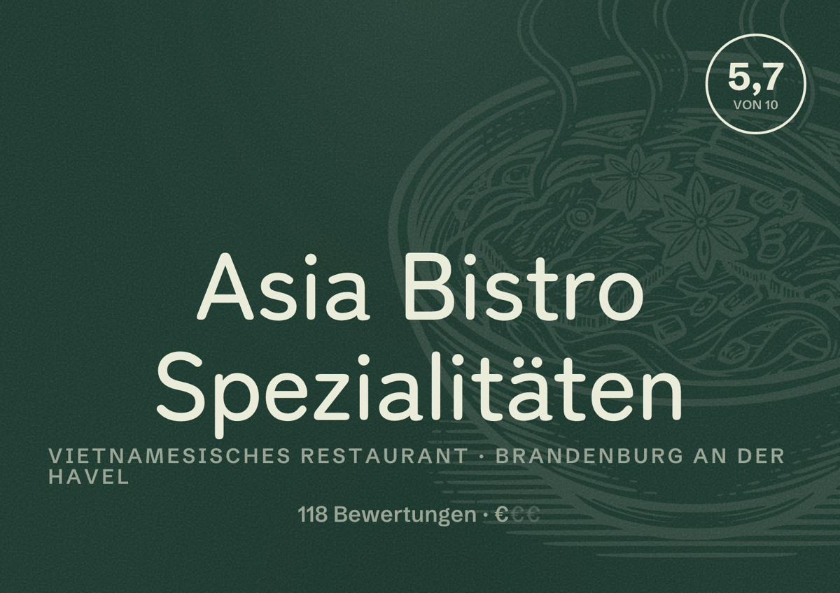 Illustriertes Poster von Asia Bistro Spezialitäten, Vietnamesisches Restaurant in Brandenburg an der Havel: Bewertung 5,7 von 10 aus 118 Bewertungen, Preisniveau €