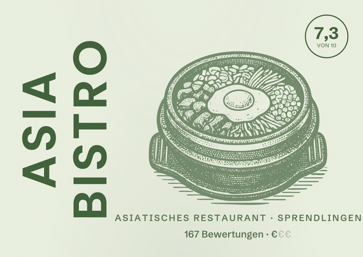 Illustriertes Poster von Asia Bistro, Asiatisches Restaurant in Sprendlingen: Bewertung 7,3 von 10 aus 167 Bewertungen, Preisniveau €