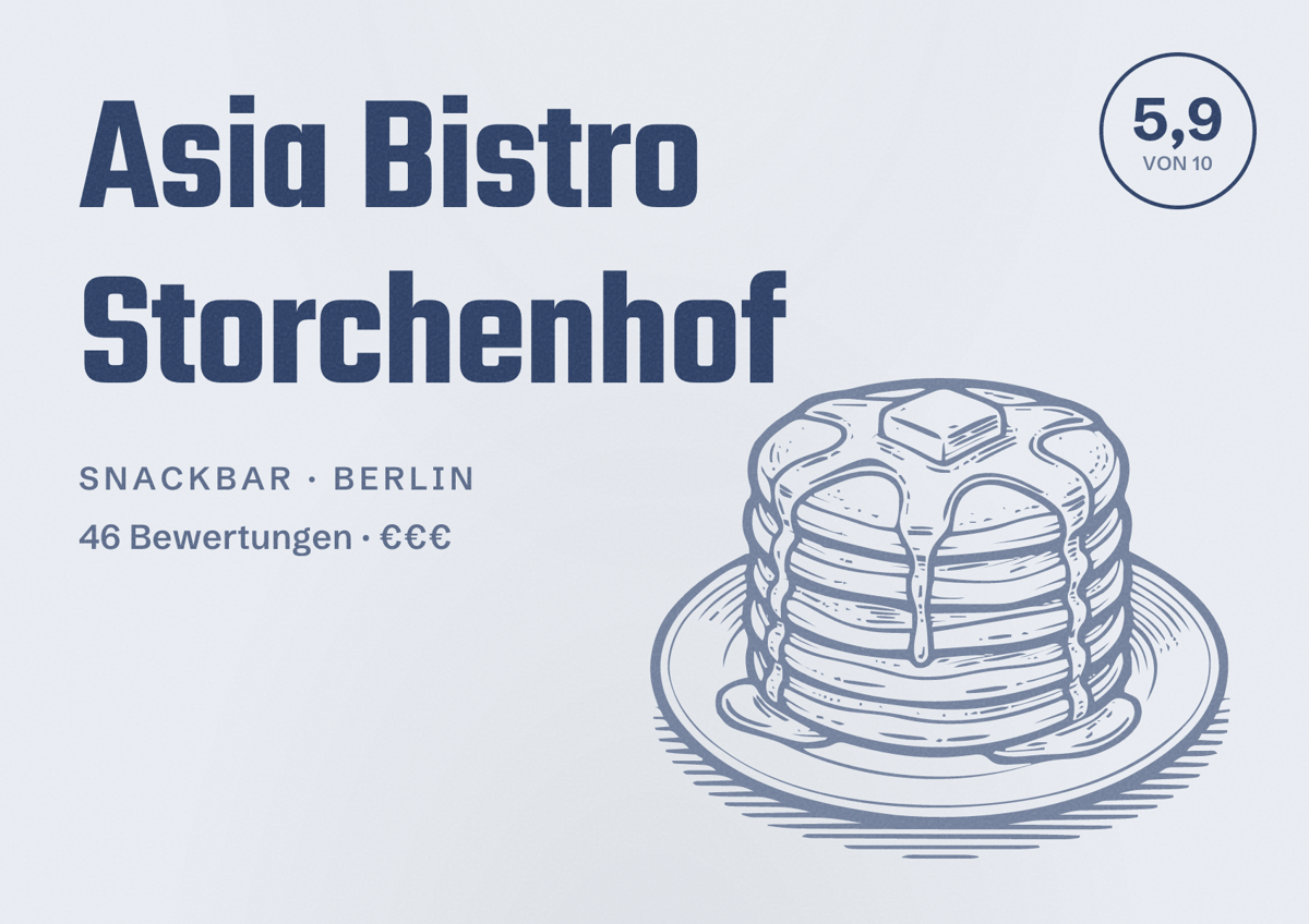 Illustriertes Poster von Asia Bistro Storchenhof, Snackbar in Berlin: Bewertung 5,9 von 10 aus 46 Bewertungen, Preisniveau €€€