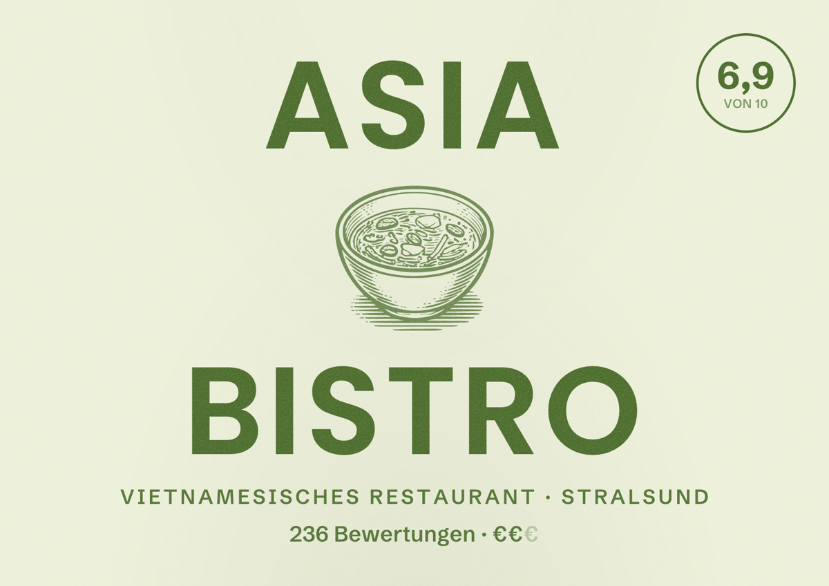 Illustriertes Poster von Asia Bistro, Vietnamesisches Restaurant in Stralsund: Bewertung 6,9 von 10 aus 236 Bewertungen, Preisniveau €€