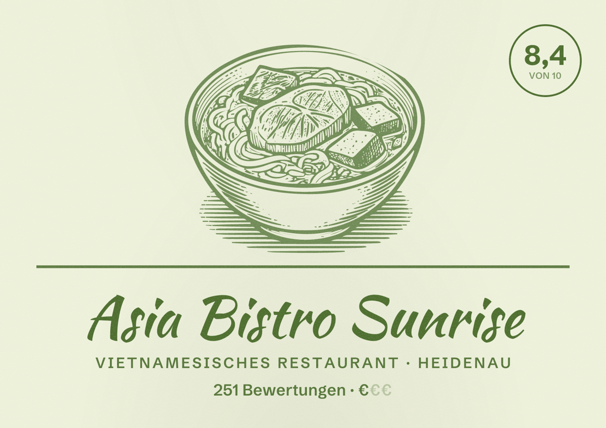 Illustriertes Poster von Asia Bistro Sunrise, Vietnamesisches Restaurant in Heidenau: Bewertung 8,4 von 10 aus 251 Bewertungen, Preisniveau €