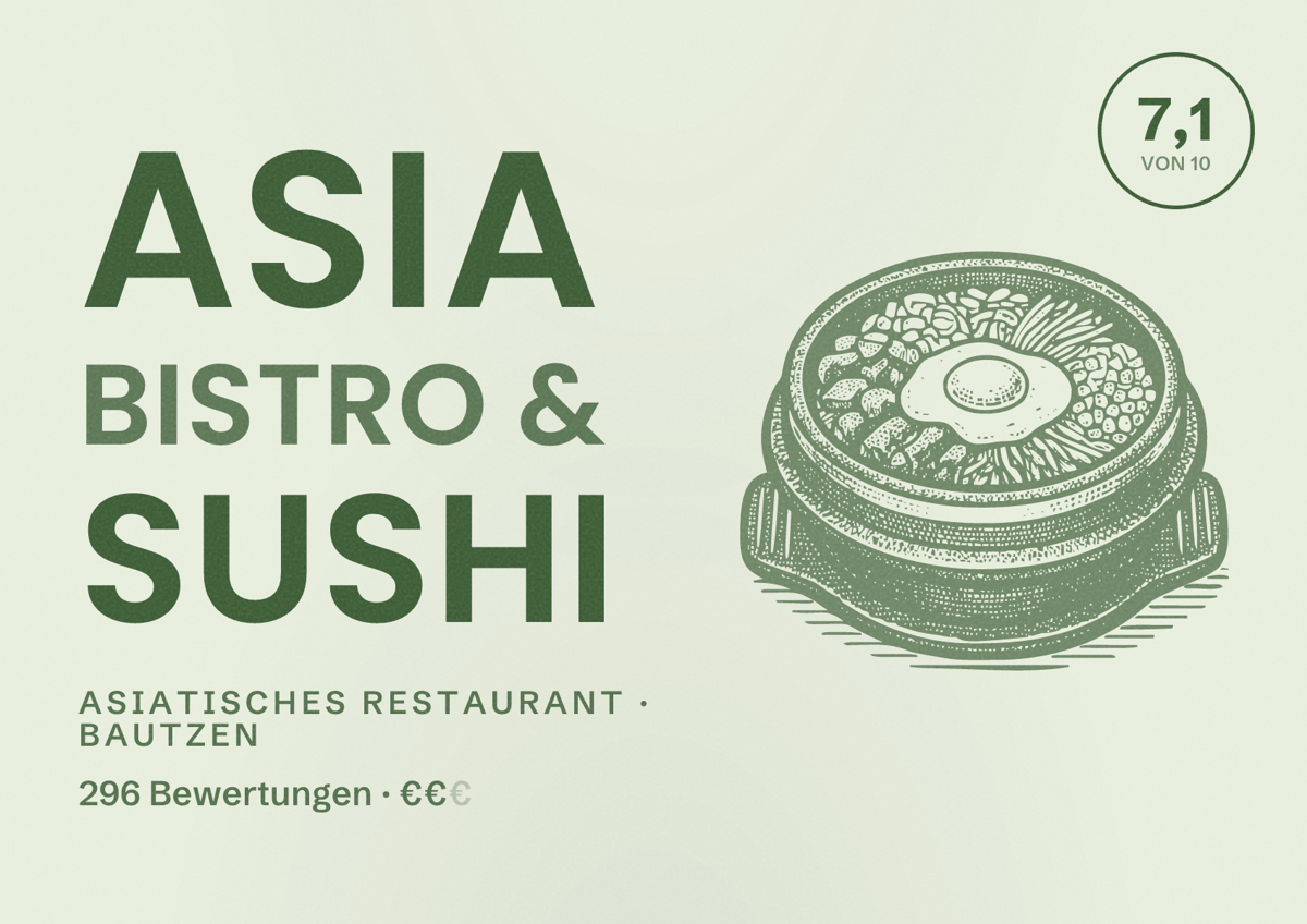 Illustriertes Poster von Asia Bistro & Sushi, Asiatisches Restaurant in Bautzen: Bewertung 7,1 von 10 aus 296 Bewertungen, Preisniveau €€