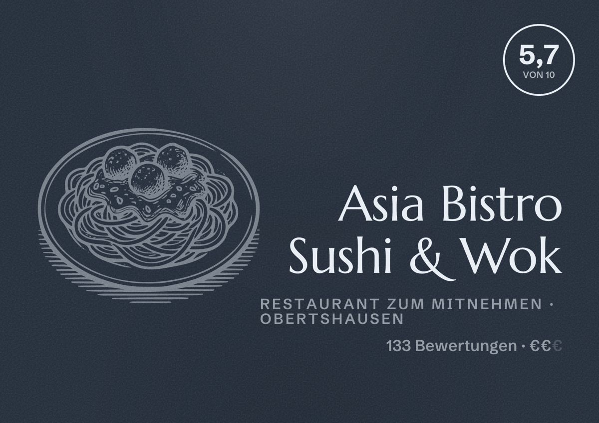 Illustriertes Poster von Asia Bistro Sushi & Wok, Restaurant zum Mitnehmen in Obertshausen: Bewertung 5,7 von 10 aus 133 Bewertungen, Preisniveau €€