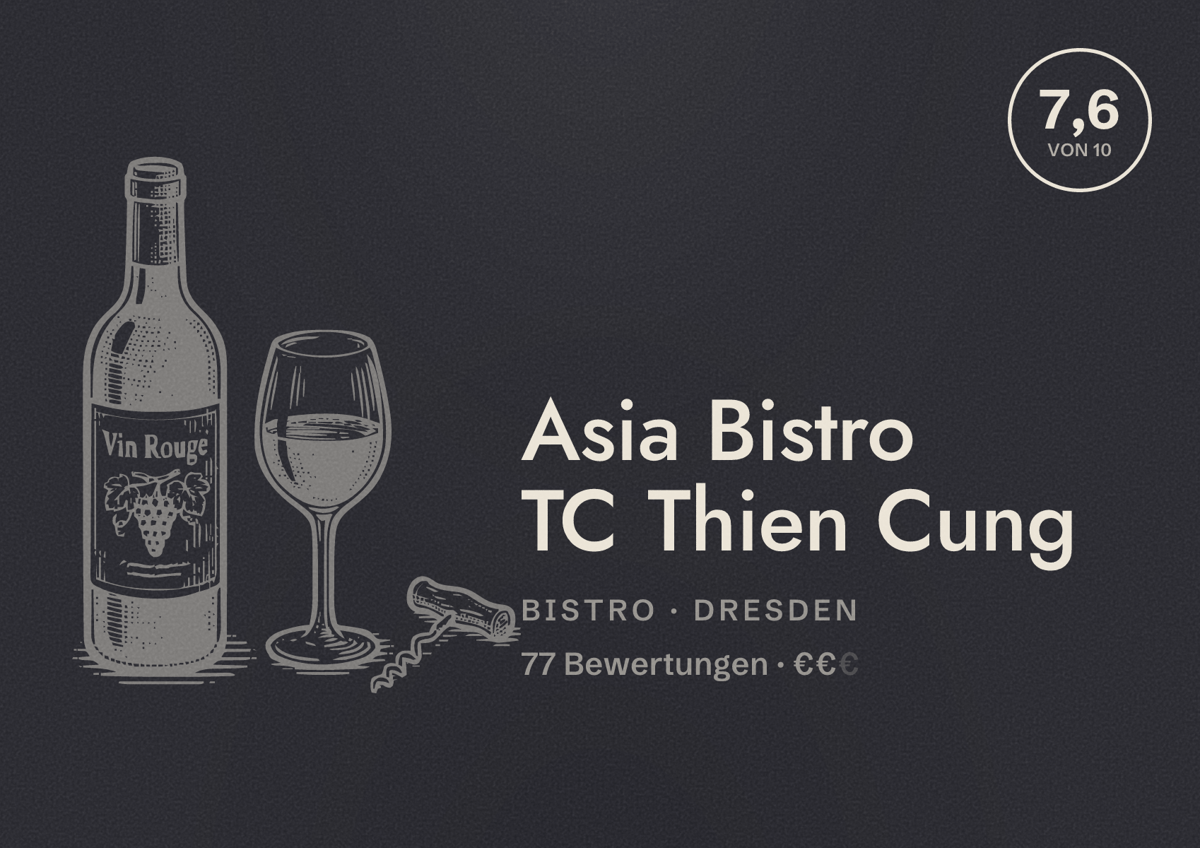 Illustriertes Poster von Asia Bistro TC Thien Cung, Bistro in Dresden: Bewertung 7,6 von 10 aus 77 Bewertungen, Preisniveau €€