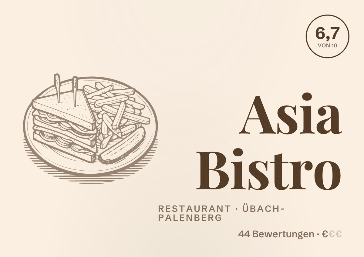 Illustriertes Poster von Asia Bistro, Restaurant in Übach-Palenberg: Bewertung 6,7 von 10 aus 44 Bewertungen, Preisniveau €