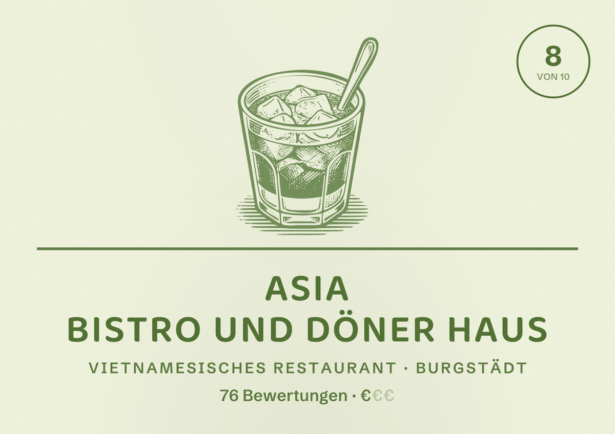 Illustriertes Poster von Asia Bistro und Döner Haus, Vietnamesisches Restaurant in Burgstädt: Bewertung 8 von 10 aus 76 Bewertungen, Preisniveau €