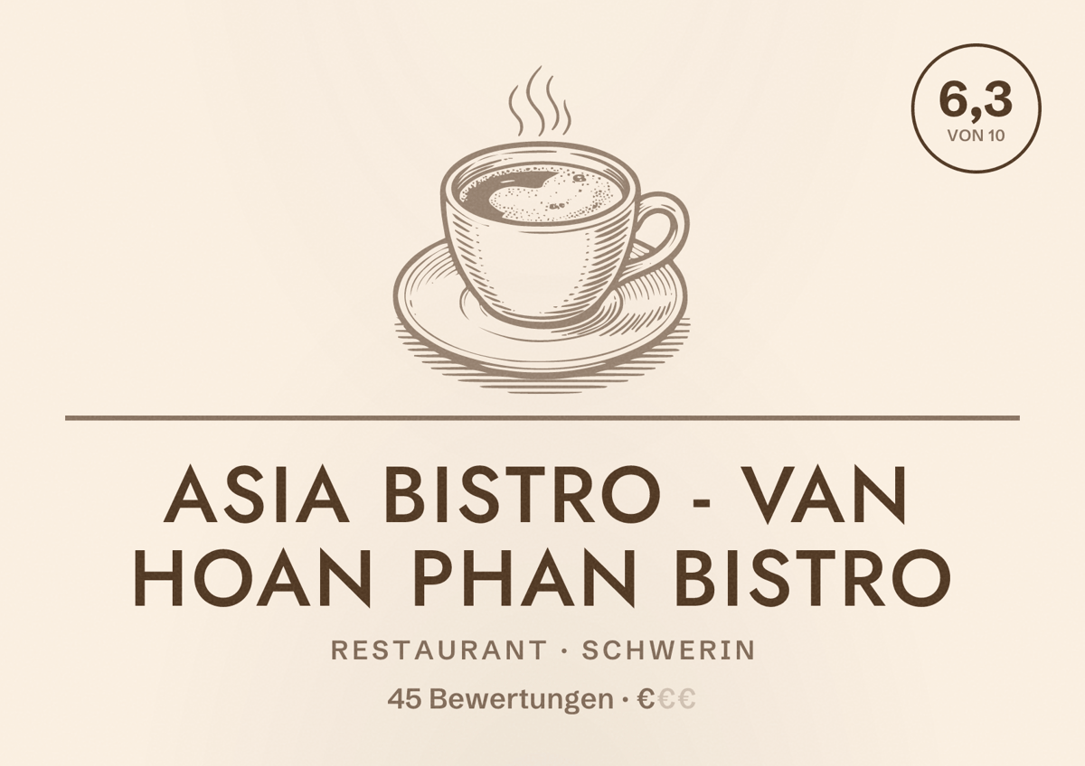 Illustriertes Poster von Asia Bistro - Van Hoan Phan Bistro, Restaurant in Schwerin: Bewertung 6,3 von 10 aus 45 Bewertungen, Preisniveau €