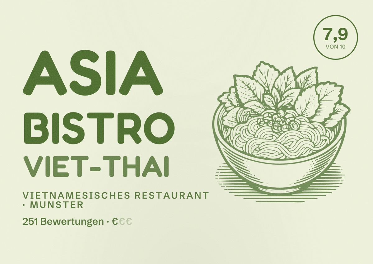 Illustriertes Poster von Asia Bistro Viet-Thai, Vietnamesisches Restaurant in Munster: Bewertung 7,9 von 10 aus 251 Bewertungen, Preisniveau €