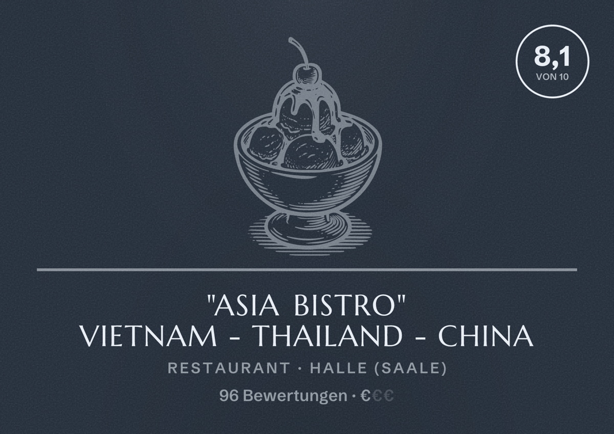 Illustriertes Poster von "Asia Bistro" Vietnam - Thailand - China, Restaurant in Halle (Saale): Bewertung 8,1 von 10 aus 96 Bewertungen, Preisniveau €