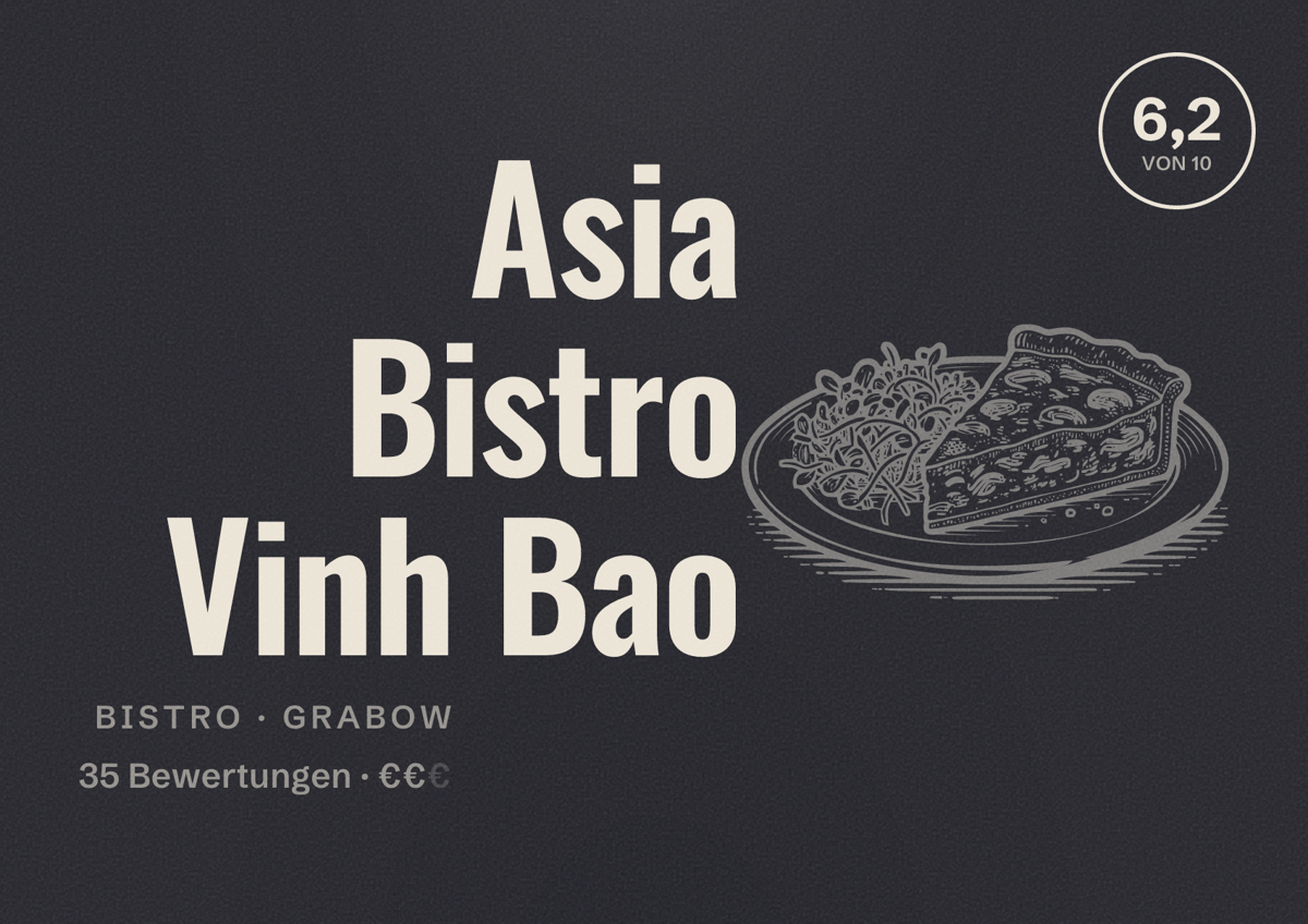 Illustriertes Poster von Asia Bistro Vinh Bao, Bistro in Grabow: Bewertung 6,2 von 10 aus 35 Bewertungen, Preisniveau €€