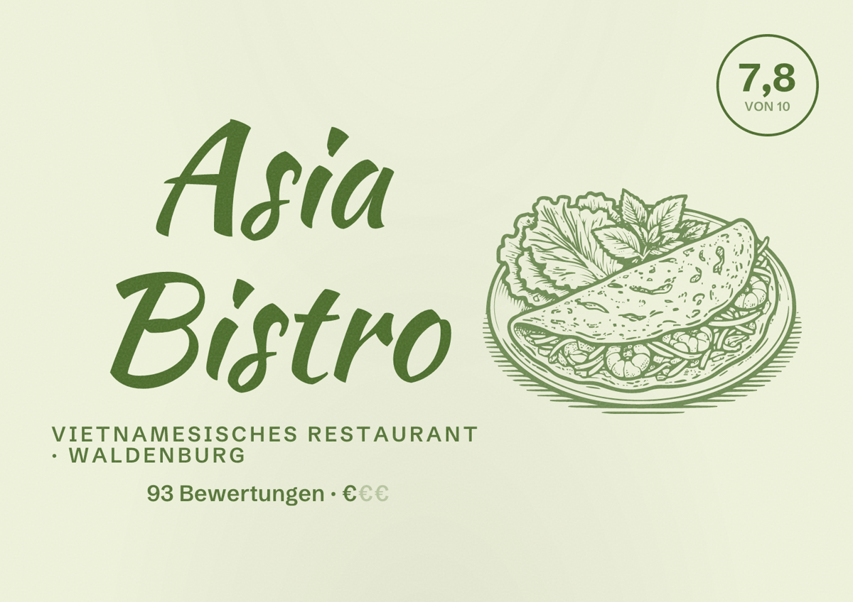 Illustriertes Poster von Asia Bistro, Vietnamesisches Restaurant in Waldenburg: Bewertung 7,8 von 10 aus 93 Bewertungen, Preisniveau €
