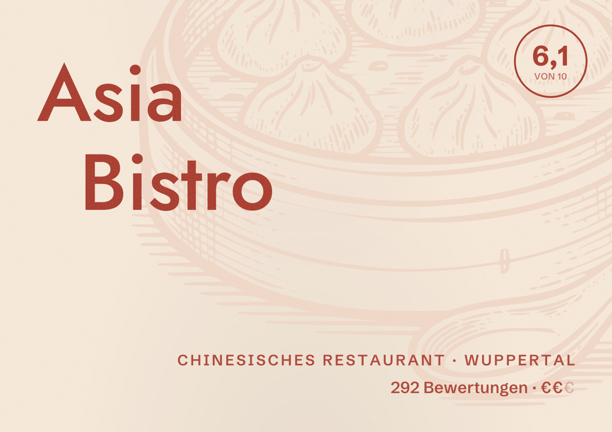 Illustriertes Poster von Asia Bistro, Chinesisches Restaurant in Wuppertal: Bewertung 6,1 von 10 aus 292 Bewertungen, Preisniveau €€