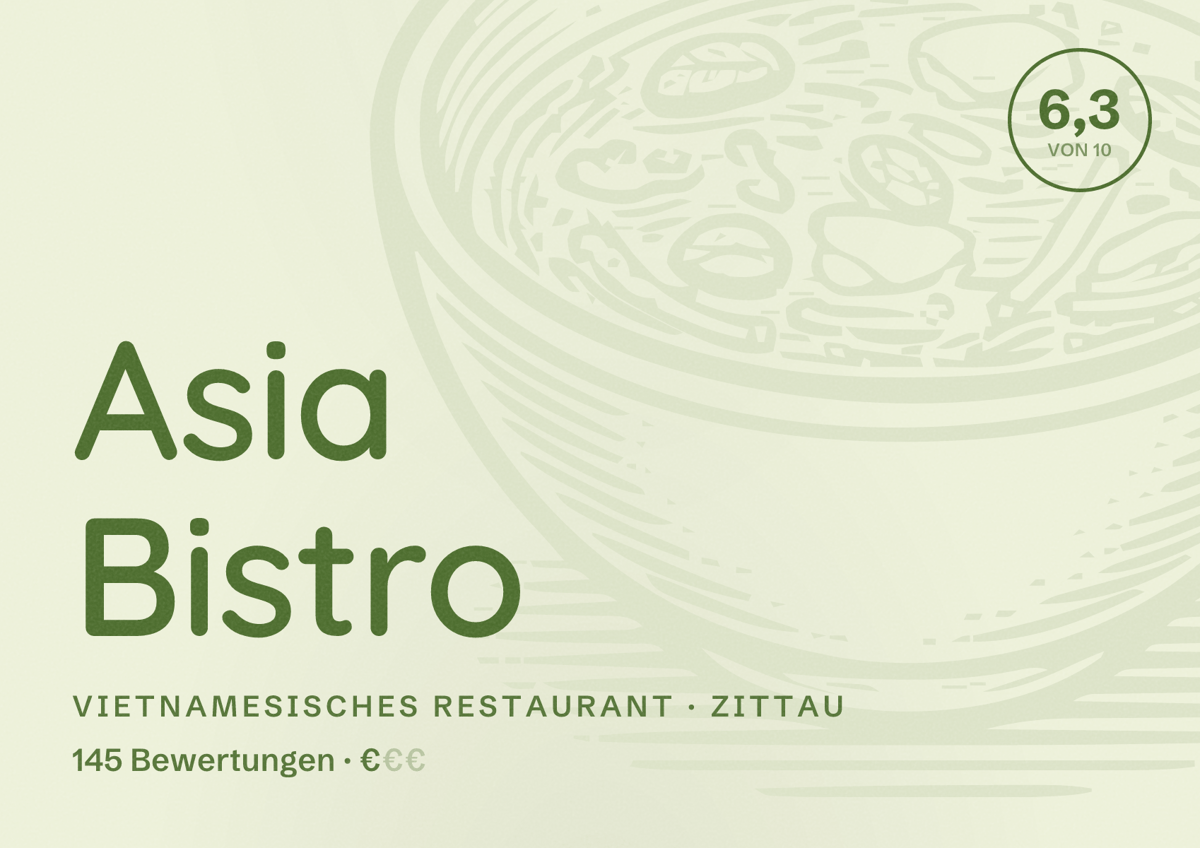 Illustriertes Poster von Asia Bistro, Vietnamesisches Restaurant in Zittau: Bewertung 6,3 von 10 aus 145 Bewertungen, Preisniveau €