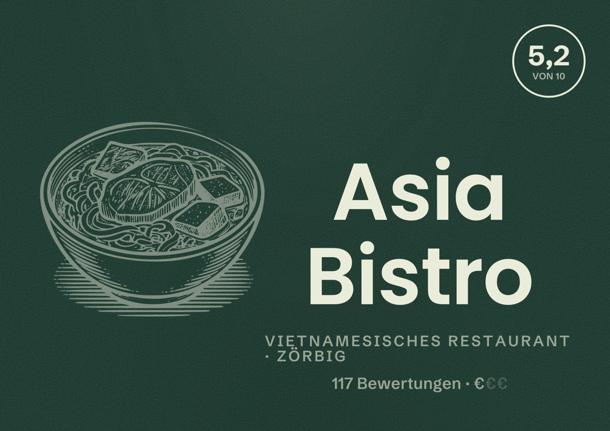 Illustriertes Poster von Asia Bistro, Vietnamesisches Restaurant in Zörbig: Bewertung 5,2 von 10 aus 117 Bewertungen, Preisniveau €
