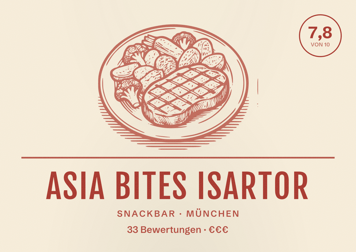 Illustriertes Poster von Asia Bites Isartor, Snackbar in München: Bewertung 7,8 von 10 aus 33 Bewertungen, Preisniveau €€€