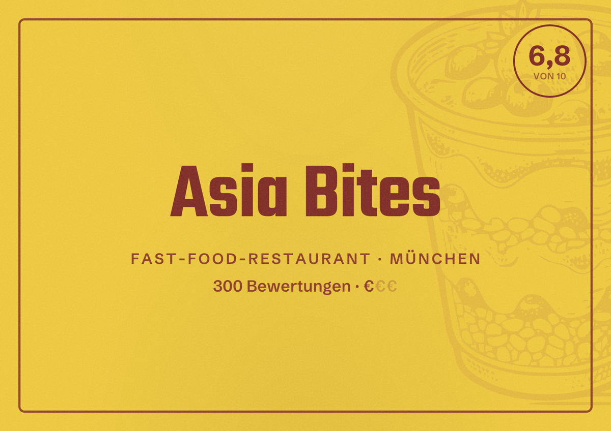 Illustriertes Poster von Asia Bites, Fast-Food-Restaurant in München: Bewertung 6,8 von 10 aus 300 Bewertungen, Preisniveau €