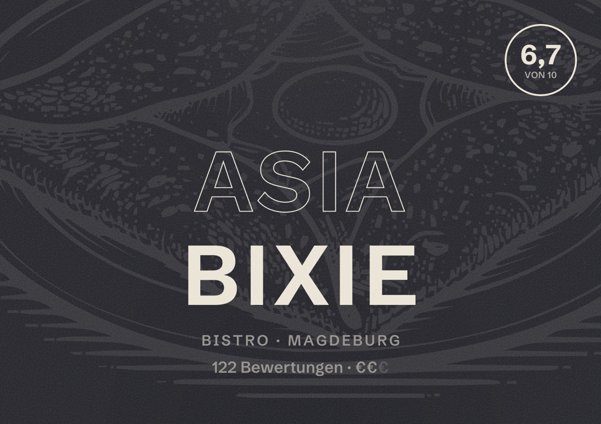 Illustriertes Poster von Asia Bixie, Bistro in Magdeburg: Bewertung 6,7 von 10 aus 122 Bewertungen, Preisniveau €€