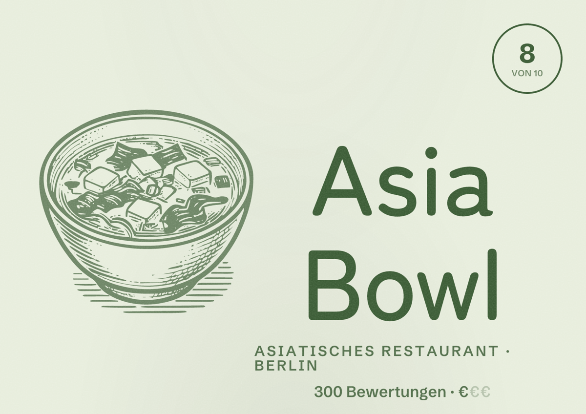 Illustriertes Poster von Asia Bowl, Asiatisches Restaurant in Berlin: Bewertung 8,0 von 10 aus 300 Bewertungen, Preisniveau €