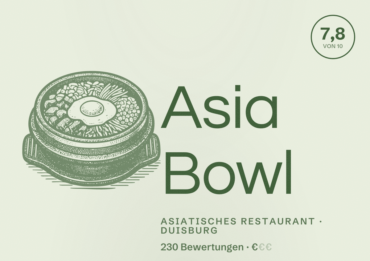 Illustriertes Poster von Asia Bowl, Asiatisches Restaurant in Duisburg: Bewertung 7,8 von 10 aus 230 Bewertungen, Preisniveau €