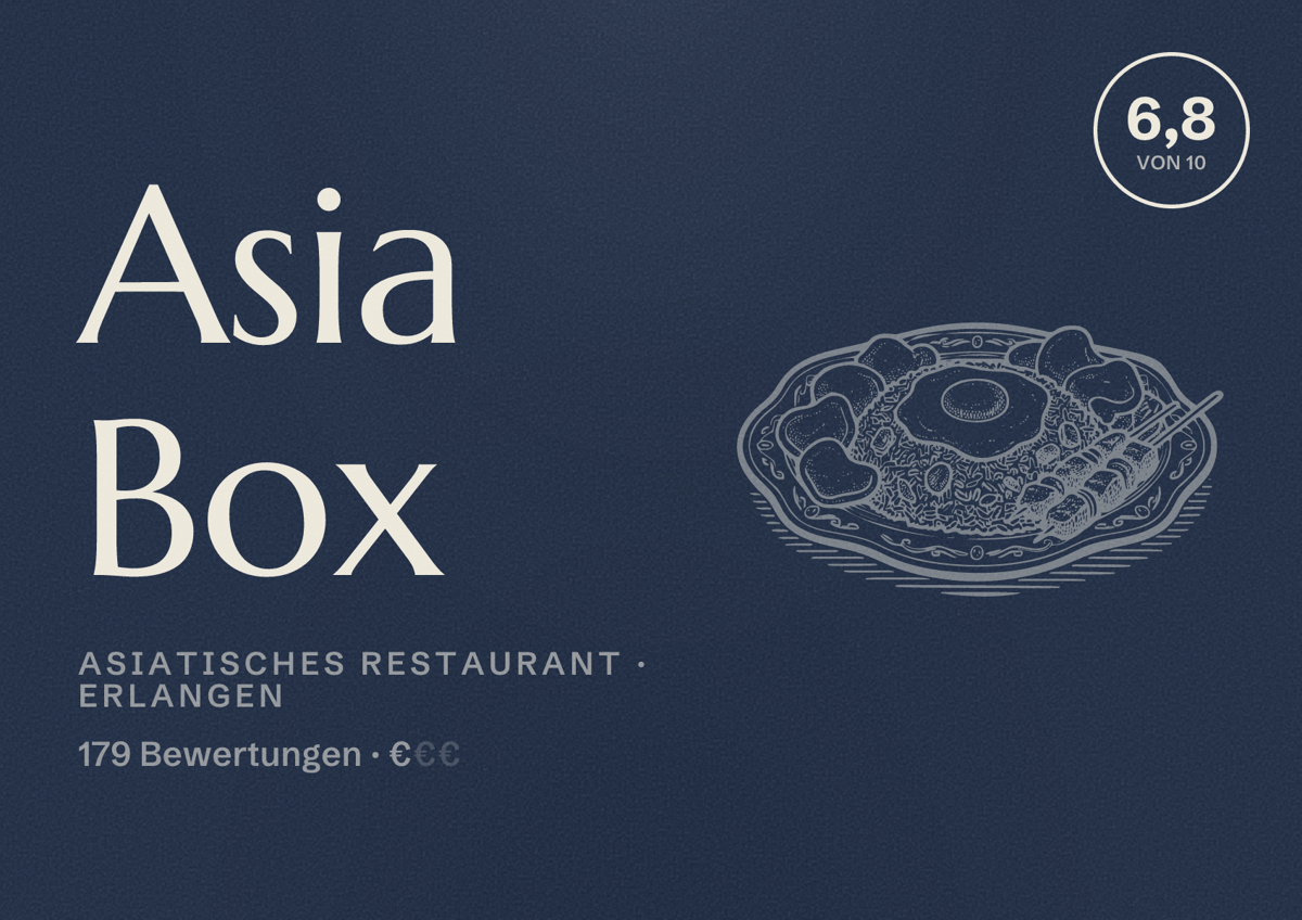 Illustriertes Poster von Asia Box, Asiatisches Restaurant in Erlangen: Bewertung 6,8 von 10 aus 179 Bewertungen, Preisniveau €