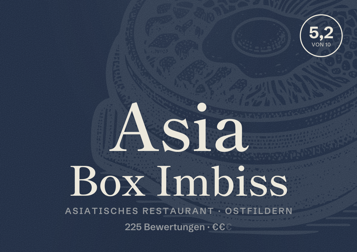 Illustriertes Poster von Asia Box Imbiss, Asiatisches Restaurant in Ostfildern: Bewertung 5,2 von 10 aus 225 Bewertungen, Preisniveau €€