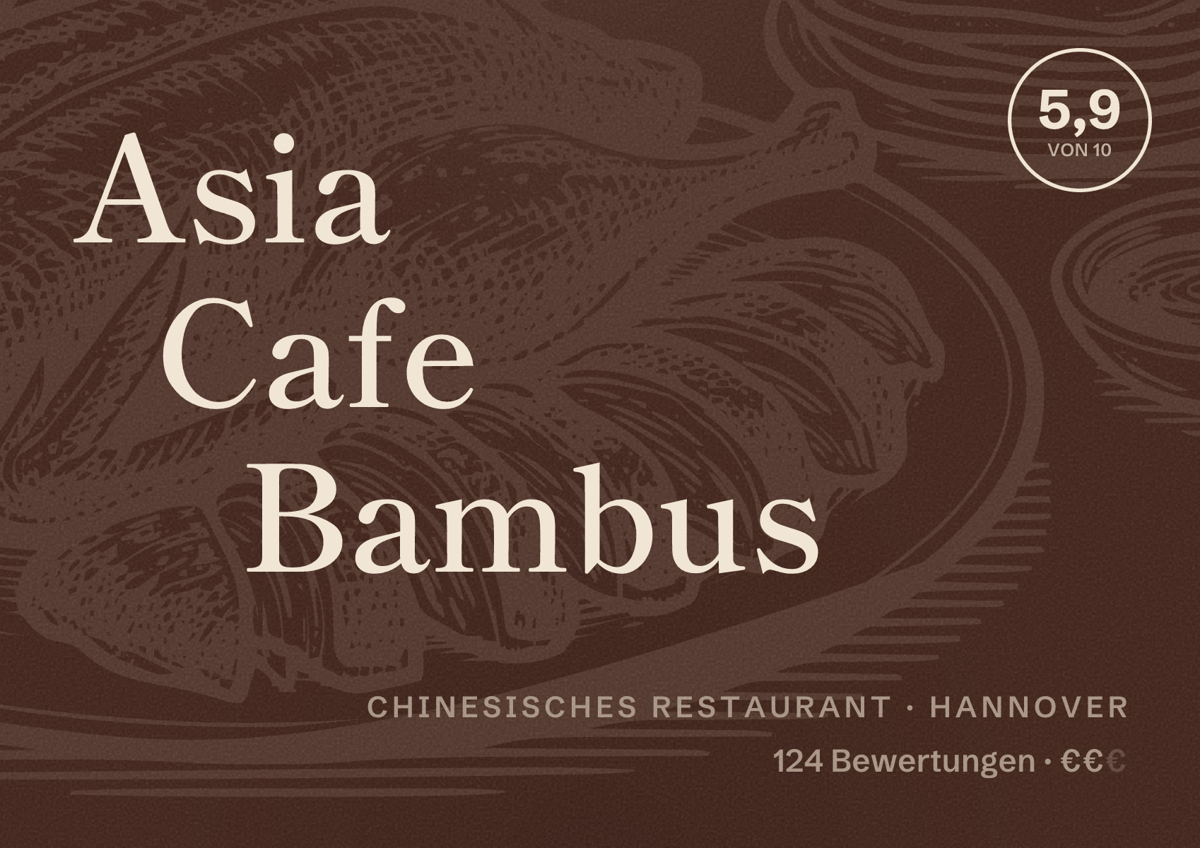 Illustriertes Poster von Asia Cafe Bambus, Chinesisches Restaurant in Hannover: Bewertung 5,9 von 10 aus 124 Bewertungen, Preisniveau €€