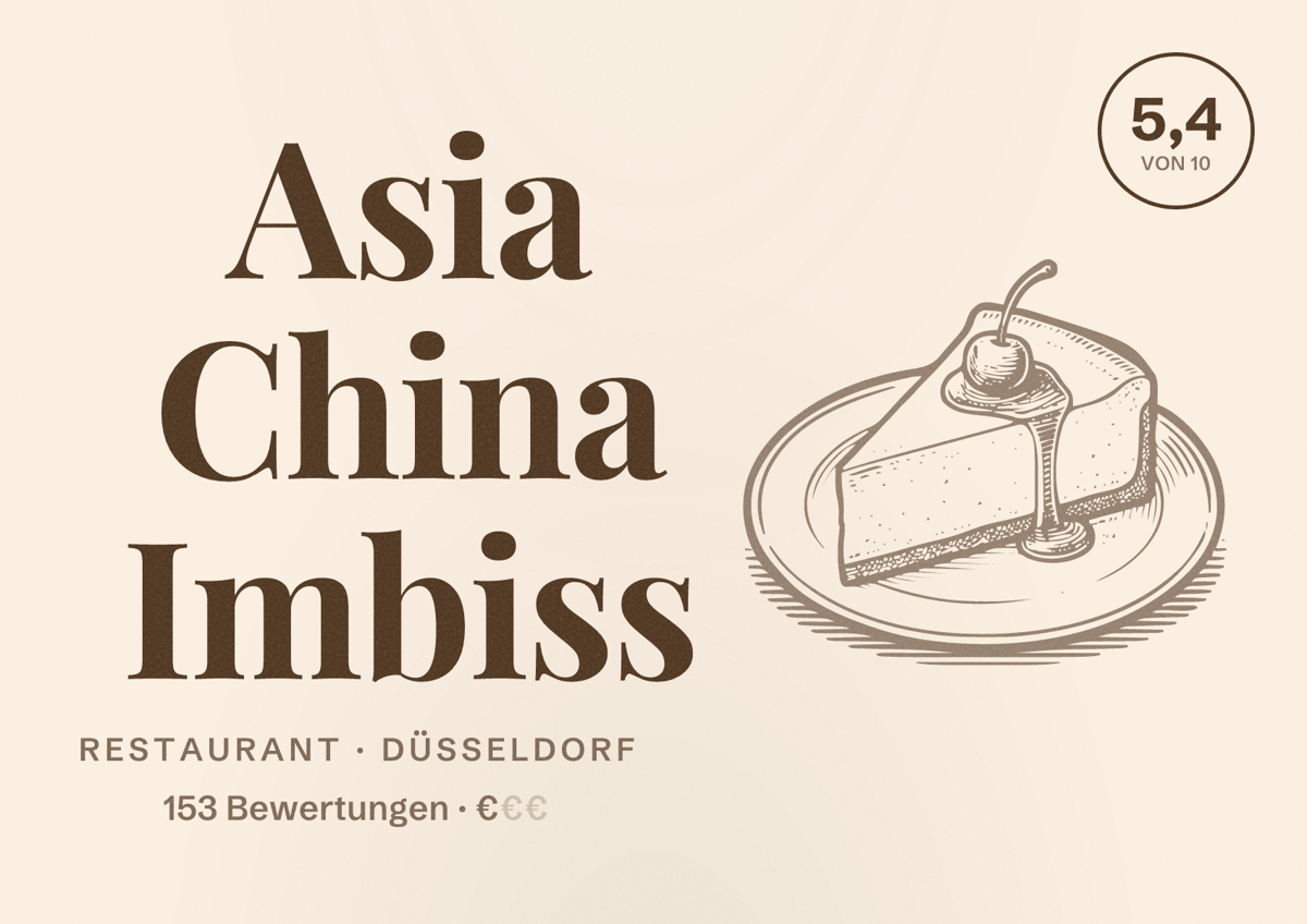 Illustriertes Poster von Asia China Imbiss, Restaurant in Düsseldorf: Bewertung 5,4 von 10 aus 153 Bewertungen, Preisniveau €