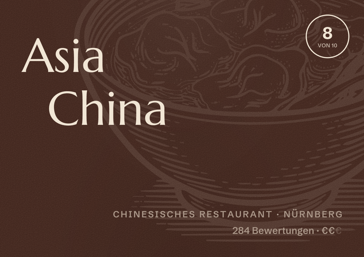 Illustriertes Poster von Asia China, Chinesisches Restaurant in Nürnberg: Bewertung 8,0 von 10 aus 284 Bewertungen, Preisniveau €€