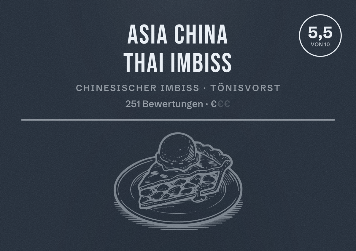 Illustriertes Poster von Asia China Thai Imbiss, Chinesischer Imbiss in Tönisvorst: Bewertung 5,5 von 10 aus 251 Bewertungen, Preisniveau €