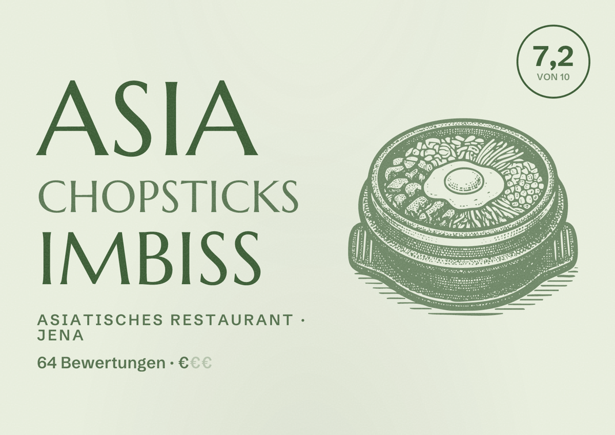 Illustriertes Poster von Asia Chopsticks Imbiss, Asiatisches Restaurant in Jena: Bewertung 7,2 von 10 aus 64 Bewertungen, Preisniveau €